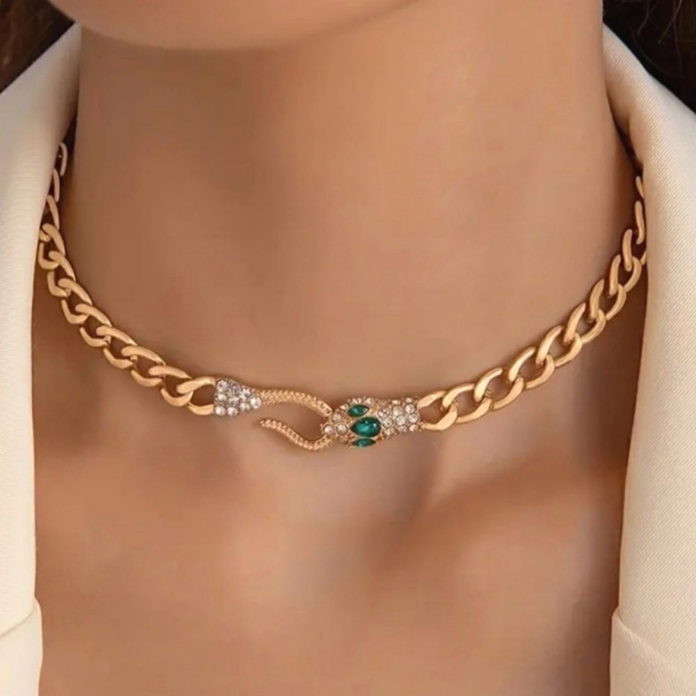New Gold Chunky Snake Serpent Crystal Choker Necklace - Picture 2 of 4